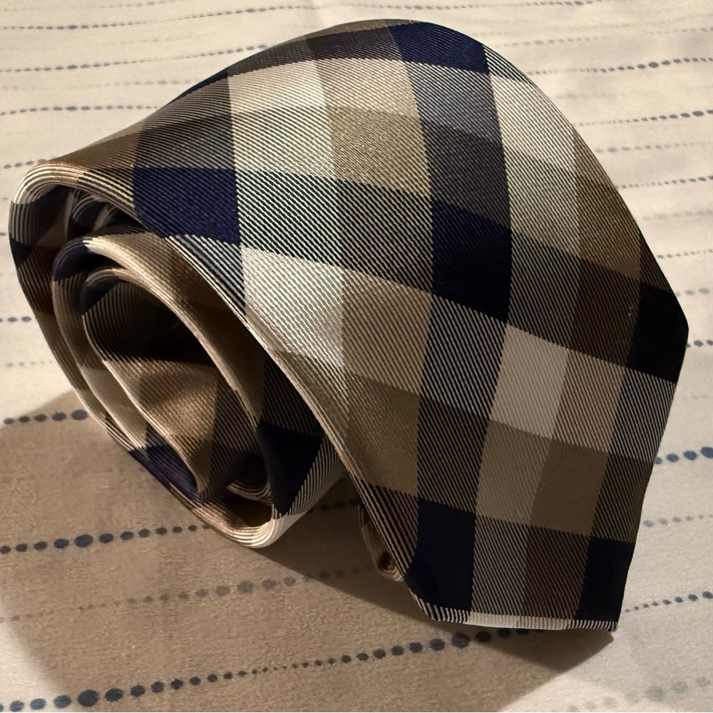 Express Tie - Navy Blue, White, & Tan/Gold Checkered Stripes - EUC